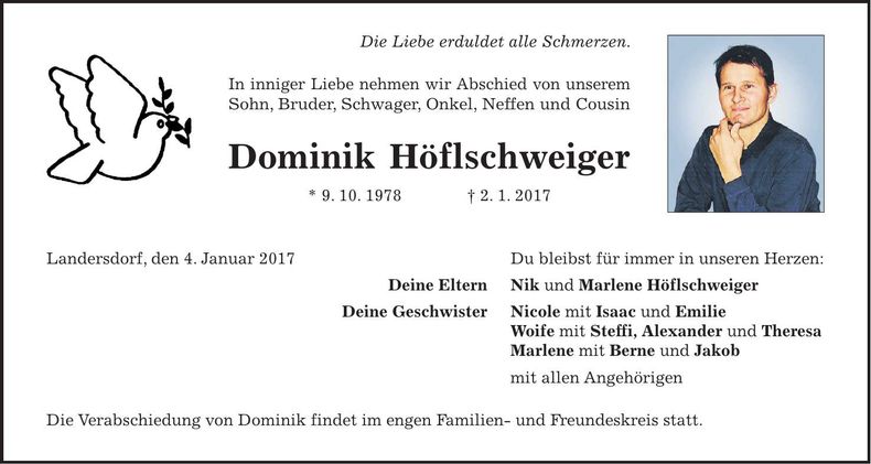 Traueranzeige Dominik Höflschweiger