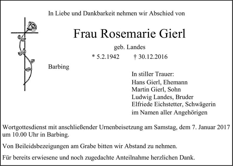 Traueranzeige Rosemarie Gierl