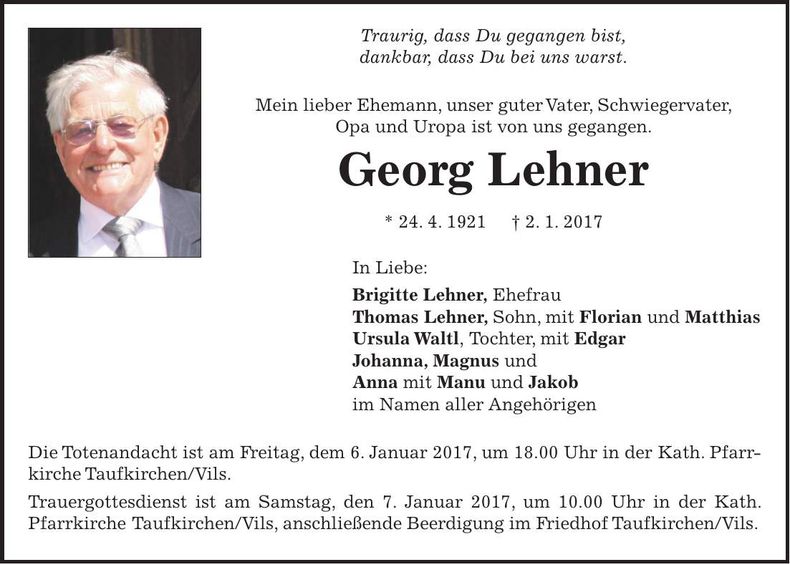 Traueranzeige Georg Lehner