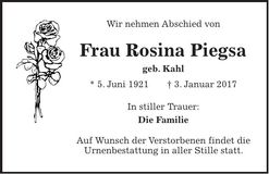 Traueranzeige Rosina Piegsa