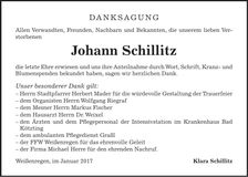 Traueranzeige Johann Schillitz