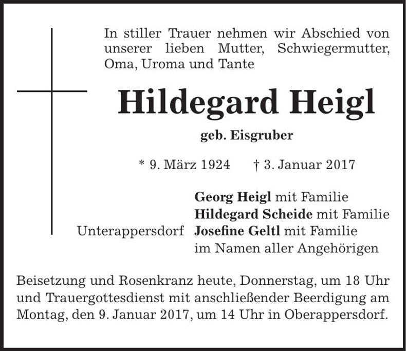 Traueranzeige Hildegard Heigl