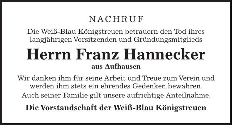 Traueranzeige Franz Hannecker