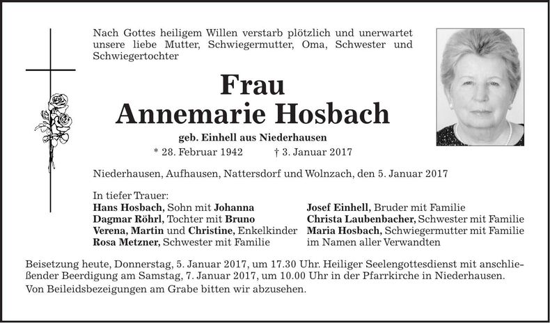 Traueranzeige Annemarie Hosbach