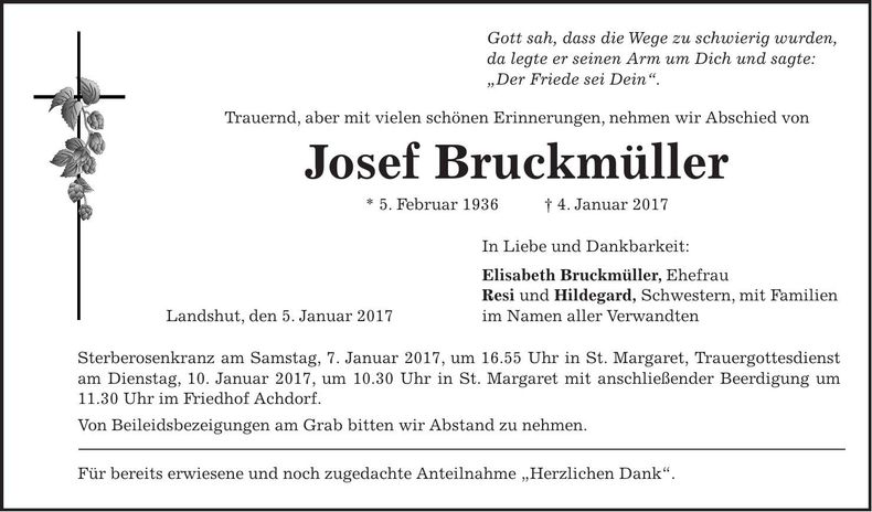Traueranzeige Josef Bruckmüller