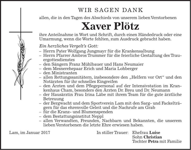 Traueranzeige Xaver Plötz