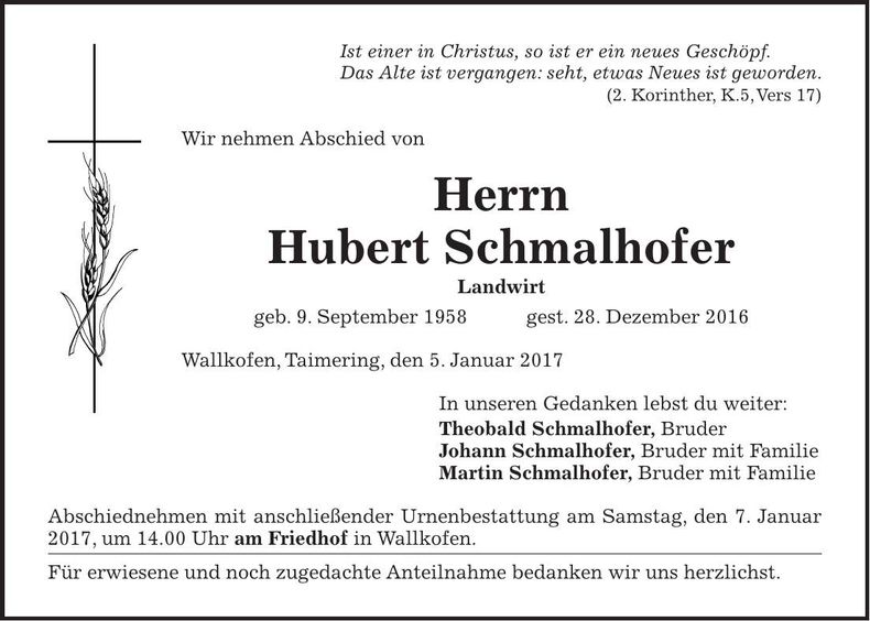 Traueranzeige Hubert Schmalhofer
