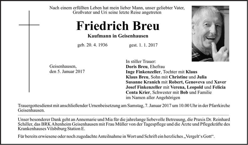 Traueranzeige Friedrich Breu