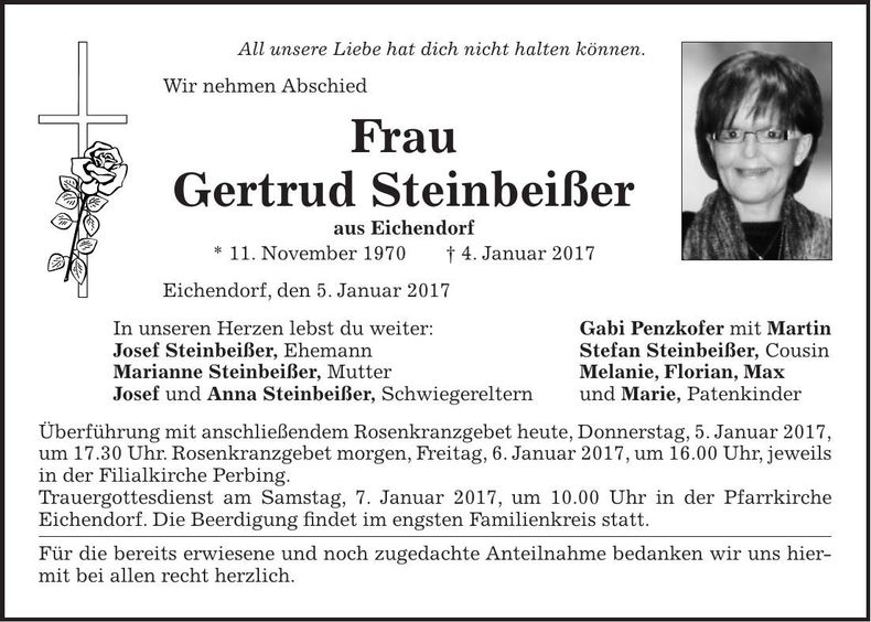 Traueranzeige Gertrud Steinbeißer