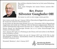Traueranzeige Silvester Frater Ganghofer OH