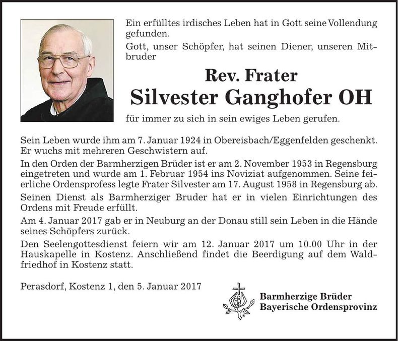 Traueranzeige Silvester Frater Ganghofer OH