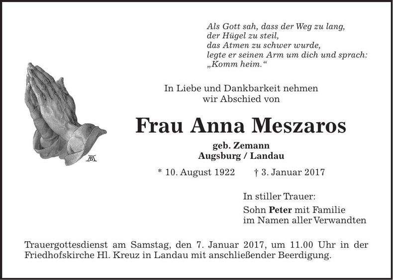 Traueranzeige Anna Meszaros