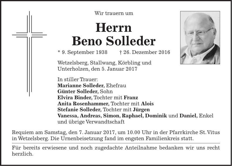 Traueranzeige Beno Solleder
