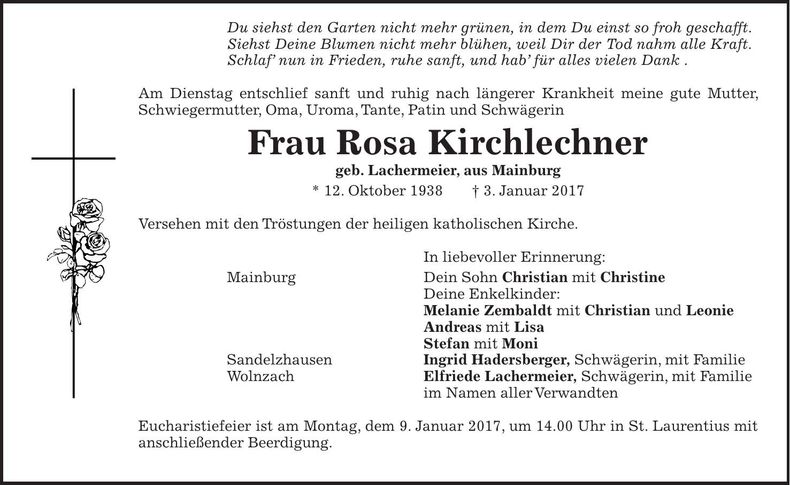 Traueranzeige Rosa Kirchlechner