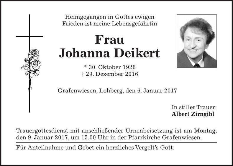 Traueranzeige Johanna Deikert