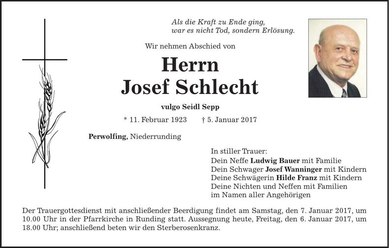 Traueranzeige Josef Schlecht
