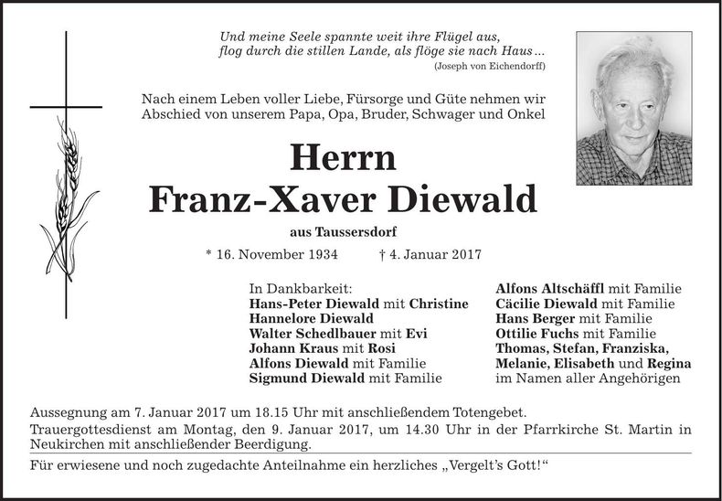 Traueranzeige Franz-Xaver Diewald