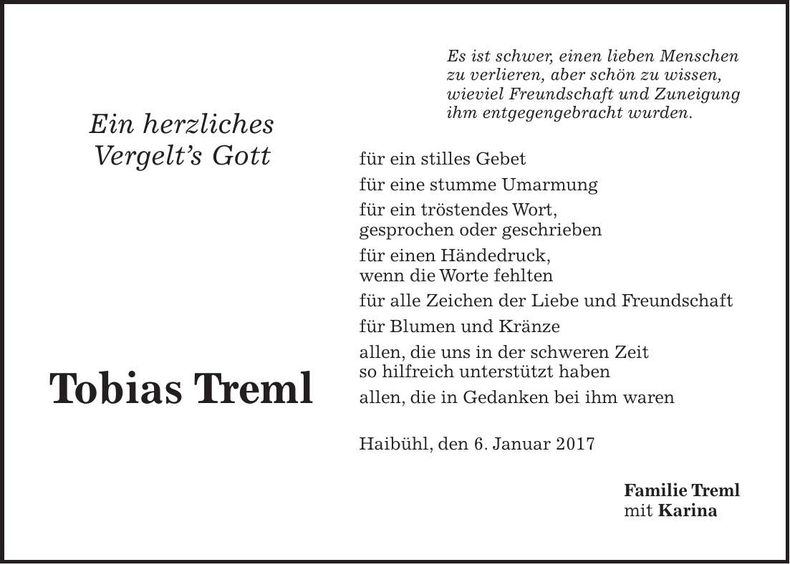 Traueranzeige Tobias Treml