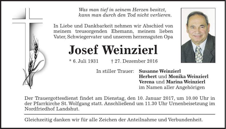 Traueranzeige Josef Weinzierl