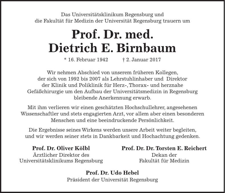 Traueranzeige Dietrich Prof. Dr. Birnbaum