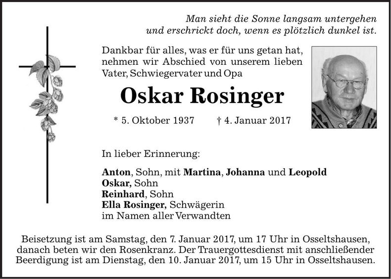 Traueranzeige Oskar Rosinger