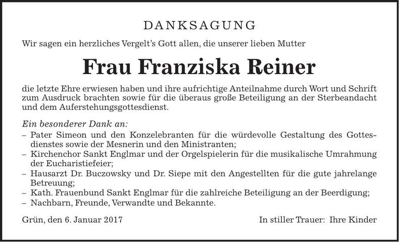 Traueranzeige Franziska Reiner