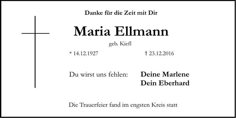 Traueranzeige Maria Ellmann