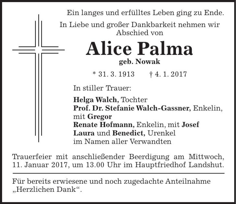 Traueranzeige Alice Palma