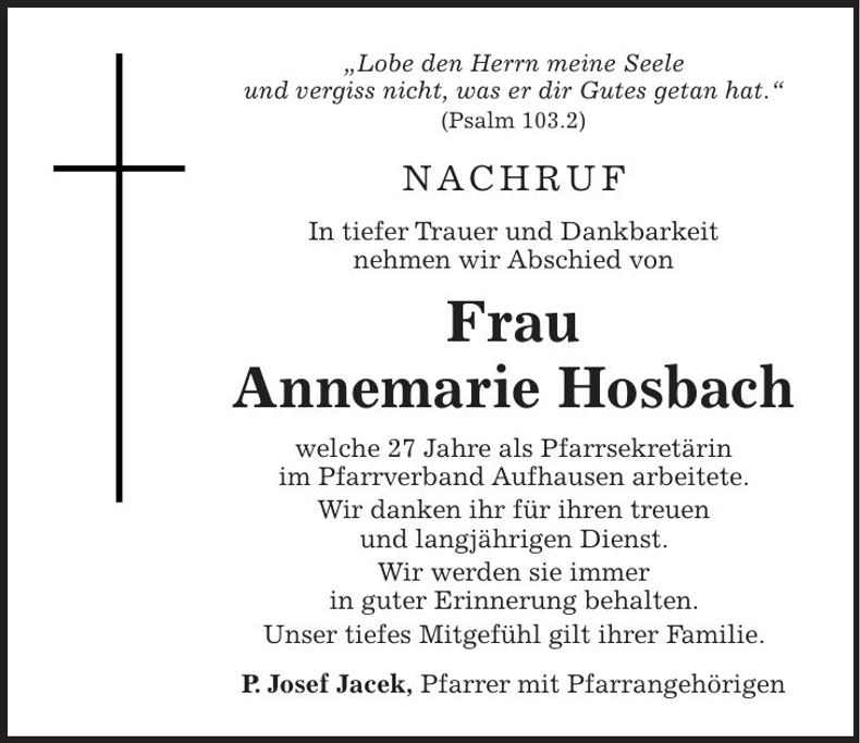 Traueranzeige Annemarie Hosbach