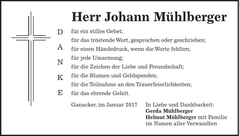 Traueranzeige Johann Mühlberger
