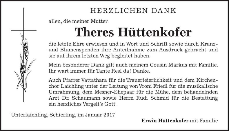 Traueranzeige Theres Hüttenkofer