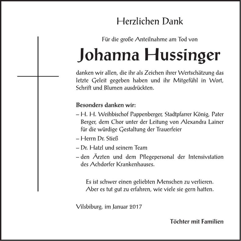 Traueranzeige Johanna Hussinger