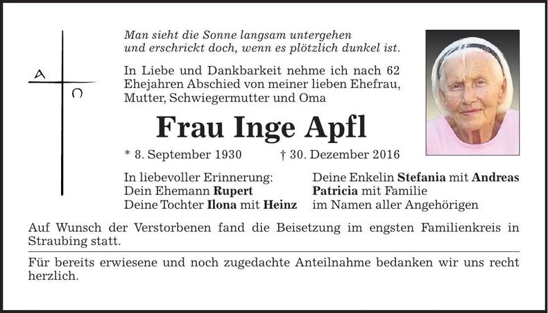 Traueranzeige Inge Apfl
