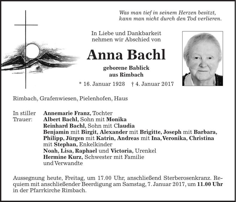 Traueranzeige Anna Bachl