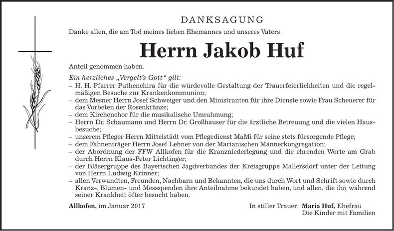 Traueranzeige Jakob Huf