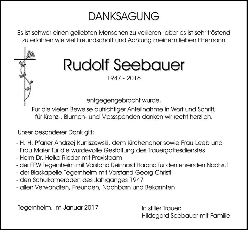 Traueranzeige Rudolf Seebauer