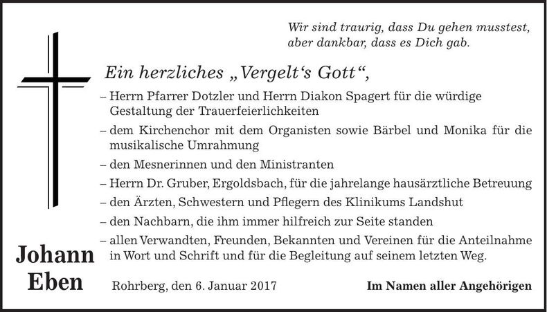 Traueranzeige Johann Eben
