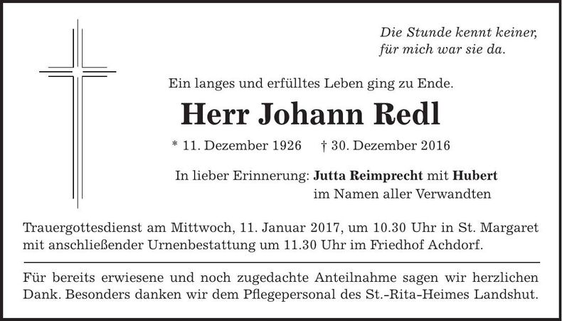 Traueranzeige Johann Redl