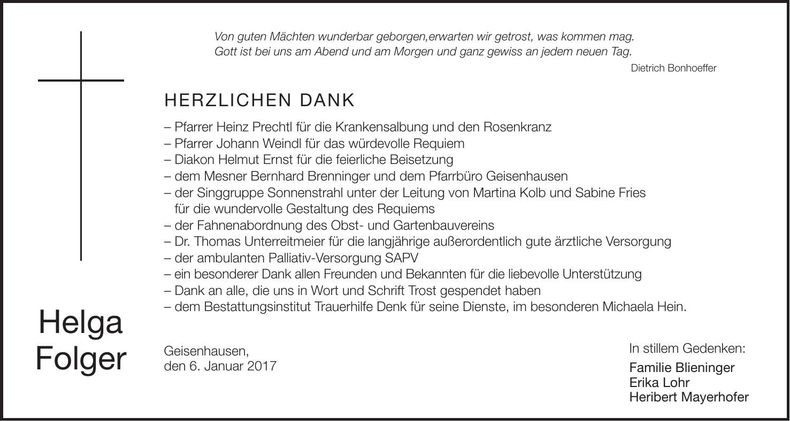 Traueranzeige Helga Folger