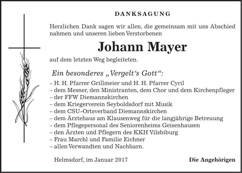 Traueranzeige Johann Mayer