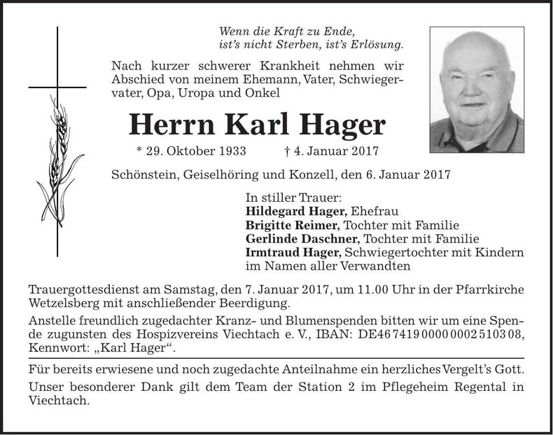 Traueranzeige Karl Hager