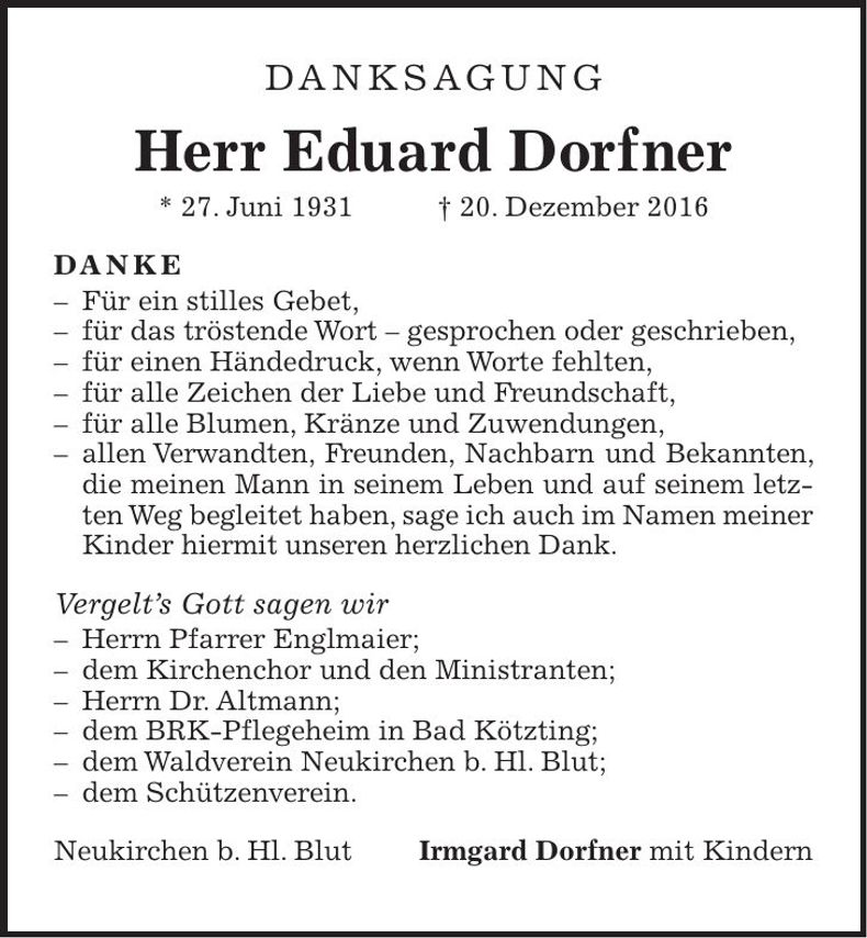 Traueranzeige Eduard Dorfner