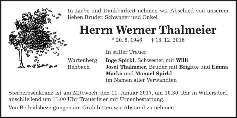 Traueranzeige Werner Thalmeier