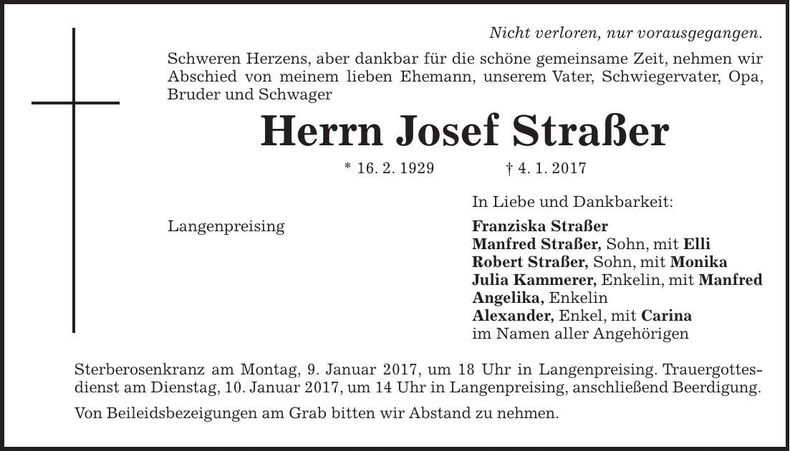 Traueranzeige Josef Straßer