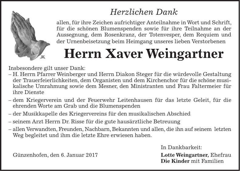 Traueranzeige Xaver Weingartner