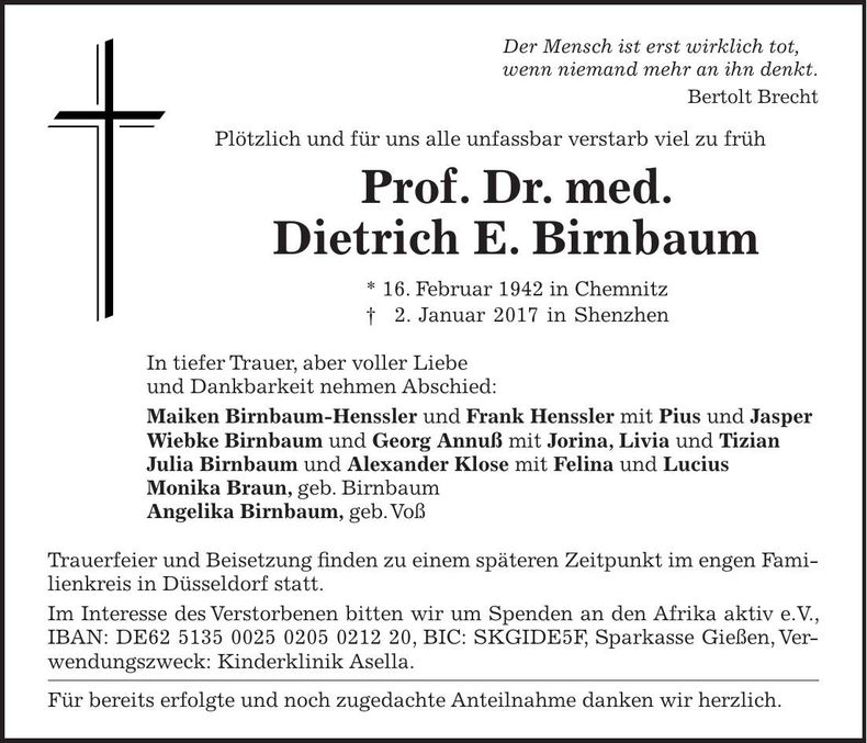 Traueranzeige Dietrich Prof. Dr. Birnbaum