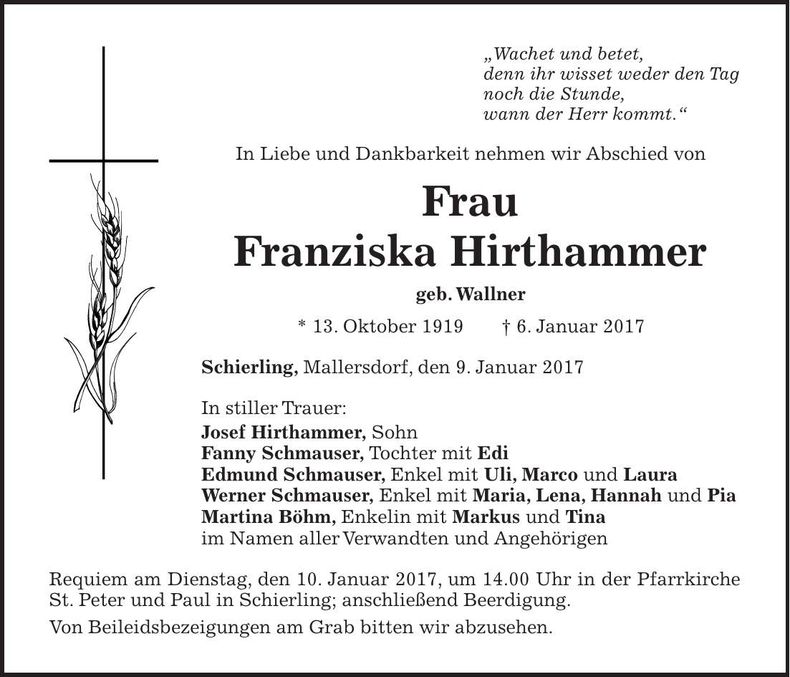Traueranzeige Franziska Hirthammer