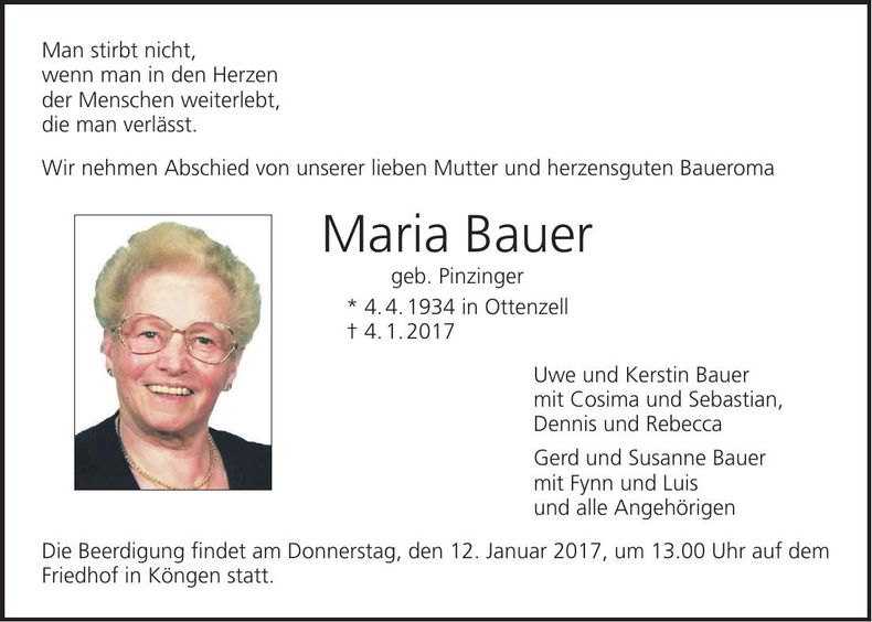 Traueranzeige Maria Bauer