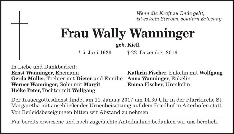 Traueranzeige Wally Wanninger
