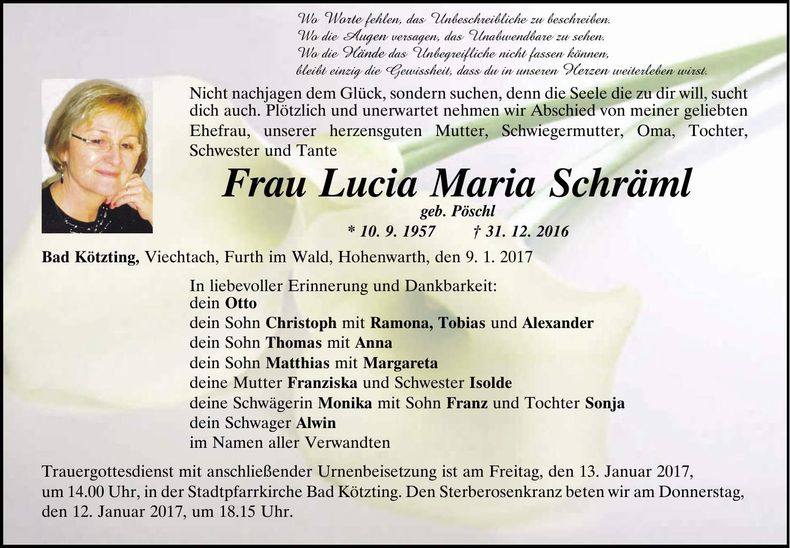 Traueranzeige Lucia Maria Schräml